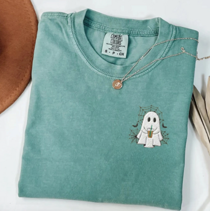 Comfort Colors Embroidered Halloween Coffee Ghost T-Shirt