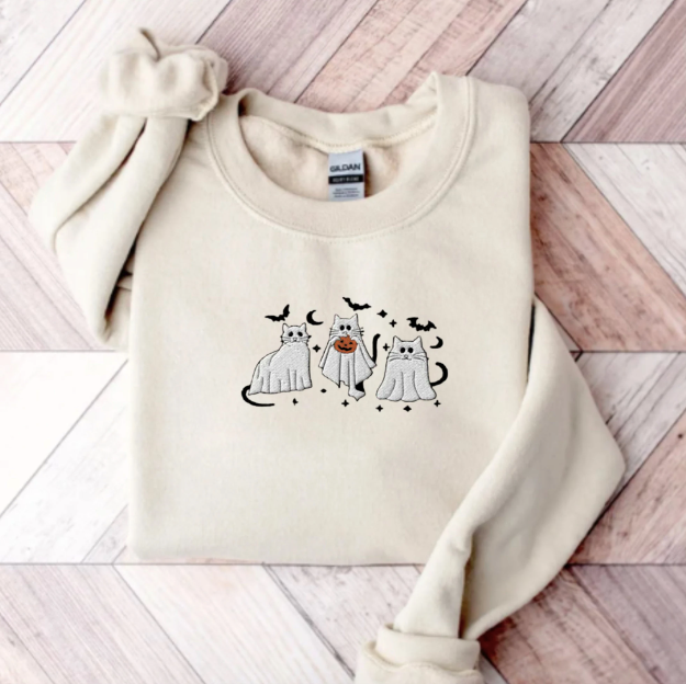 Embroidered Ghost Cat Sweatshirt