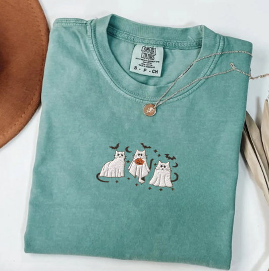 Comfort Colors Embroidered Ghost Cat T-Shirt