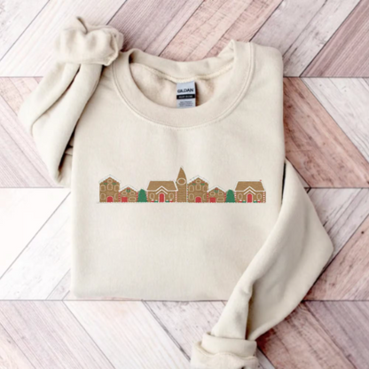 Embroidered Gingerbread Village Sweatshirt