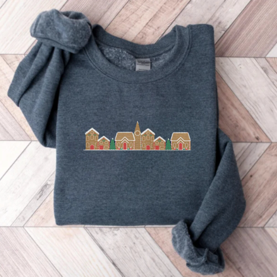 Embroidered Gingerbread Village Sweatshirt