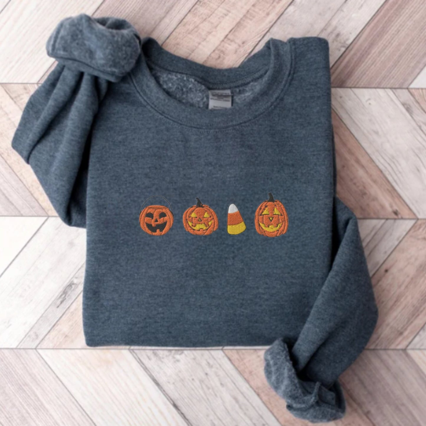 Embroidered Candy Corn And Pumpkin Sweatshirt