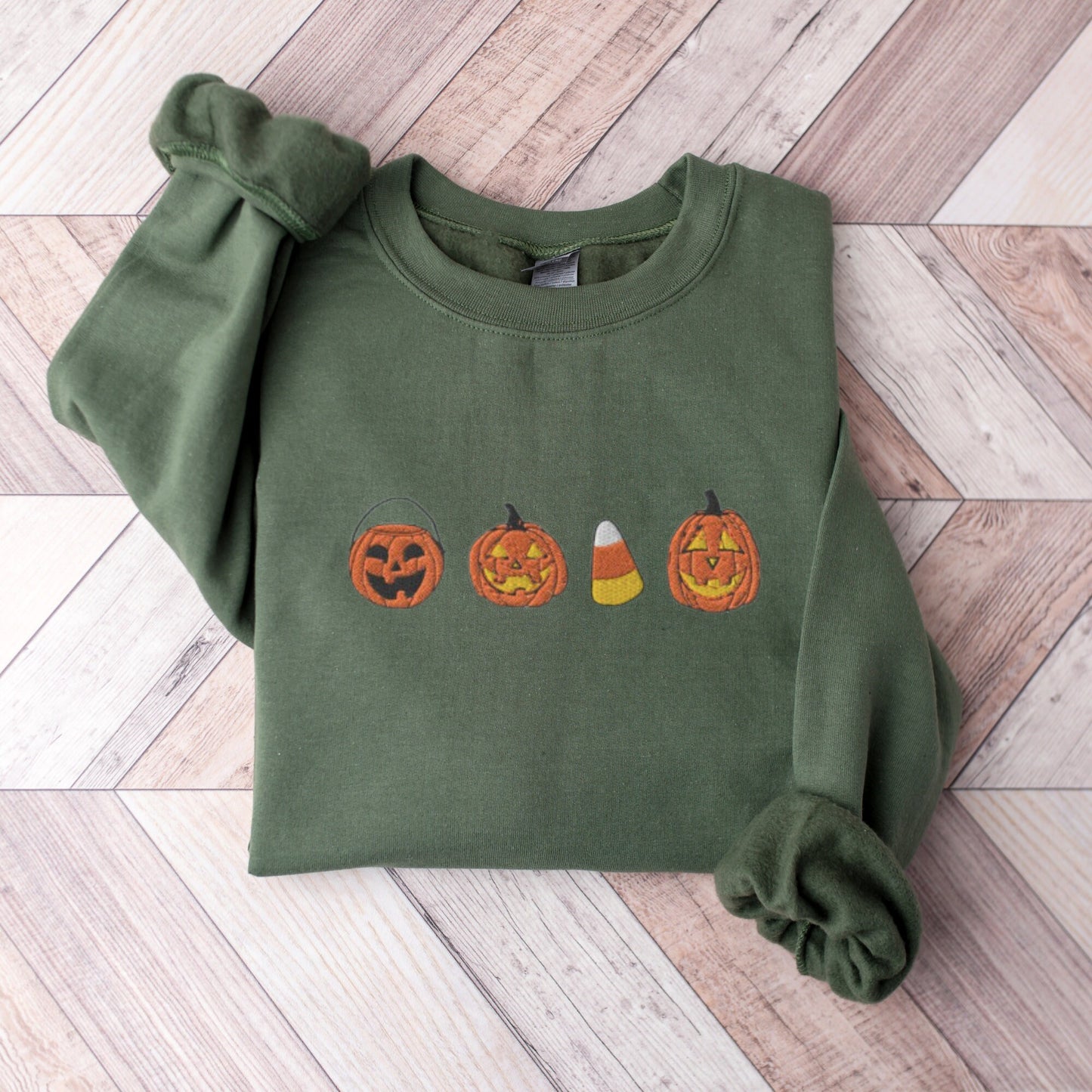 Embroidered Candy Corn And Pumpkin Sweatshirt