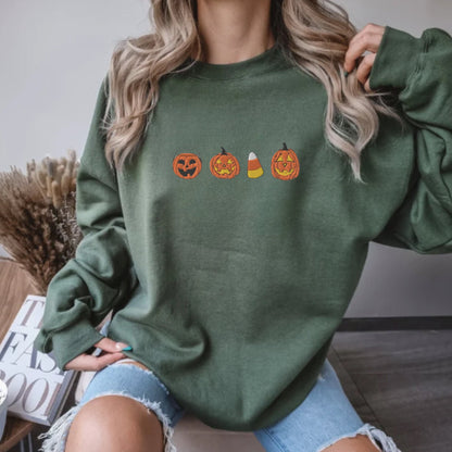 Embroidered Candy Corn And Pumpkin Sweatshirt