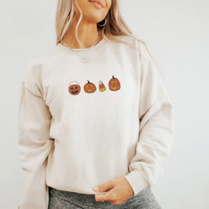 Embroidered Candy Corn And Pumpkin Sweatshirt