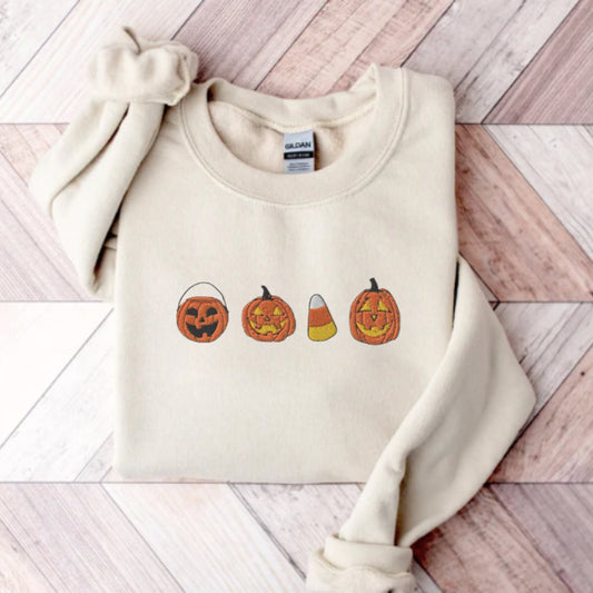 Embroidered Candy Corn And Pumpkin Sweatshirt